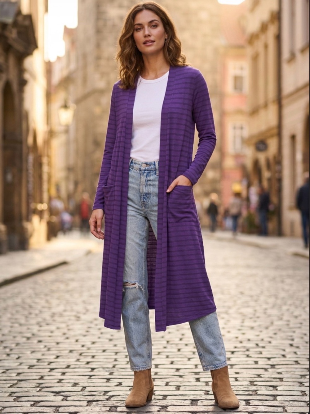 Long Purple Open-Front Women’s Cardigan Sweater